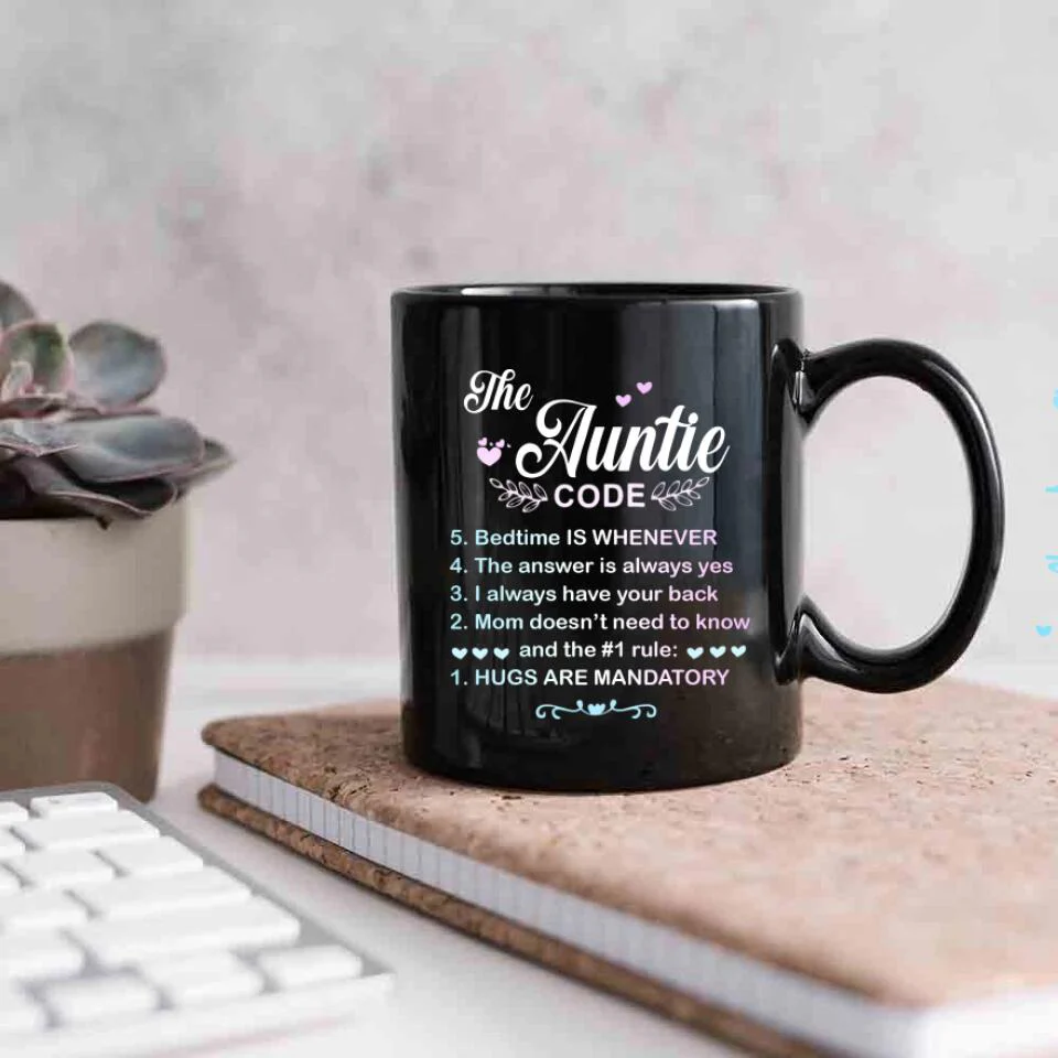 The Auntie Code Cup, Personalized Name with Flower Black Mug, Best Gift For Aunt from Niece/Nephew - Image 3
