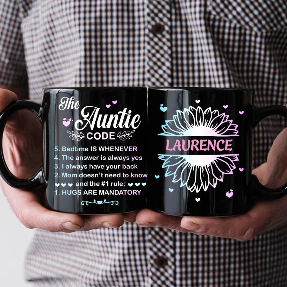 The Auntie Code Cup, Personalized Name with Flower Black Mug, Best Gift For Aunt from Niece/Nephew - Image 4