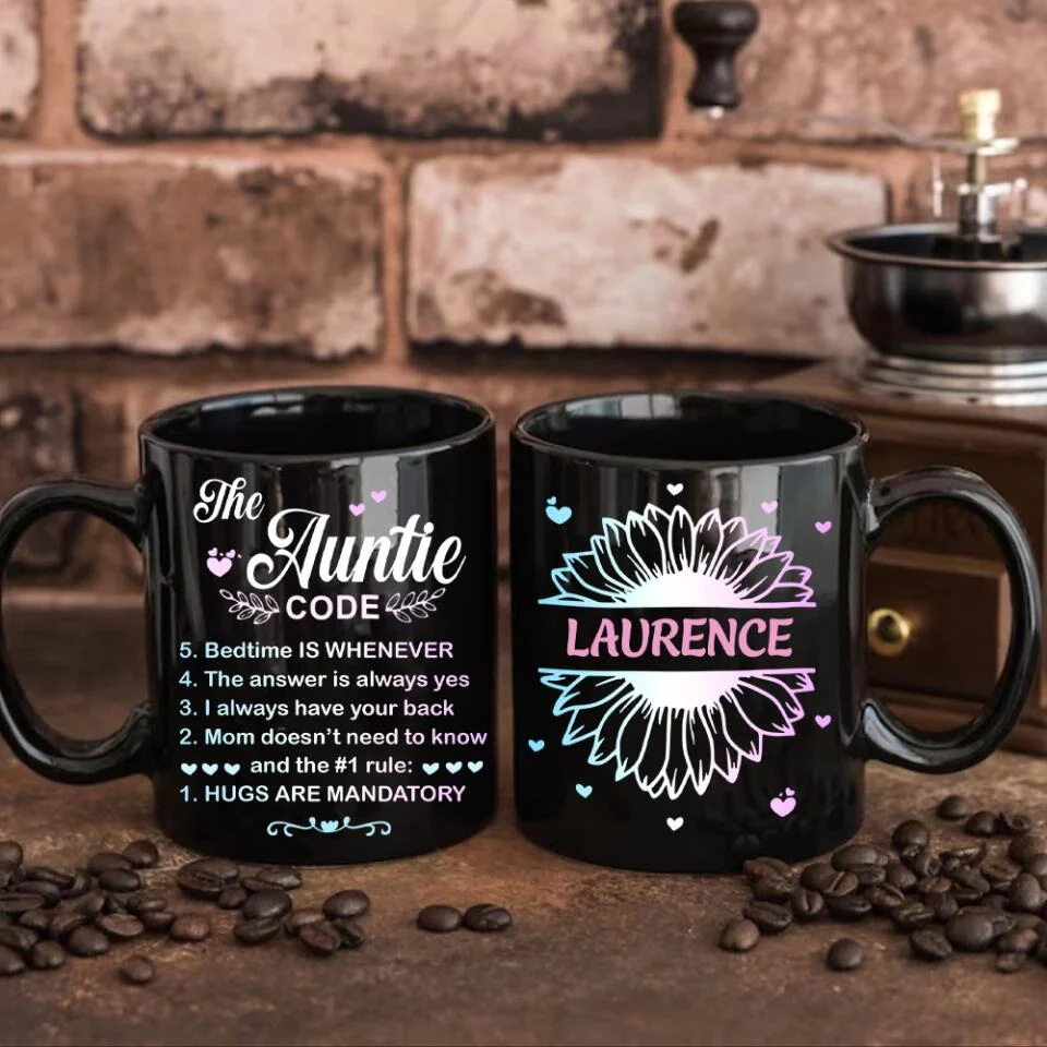 The Auntie Code Cup, Personalized Name with Flower Black Mug, Best Gift For Aunt from Niece/Nephew - Image 5