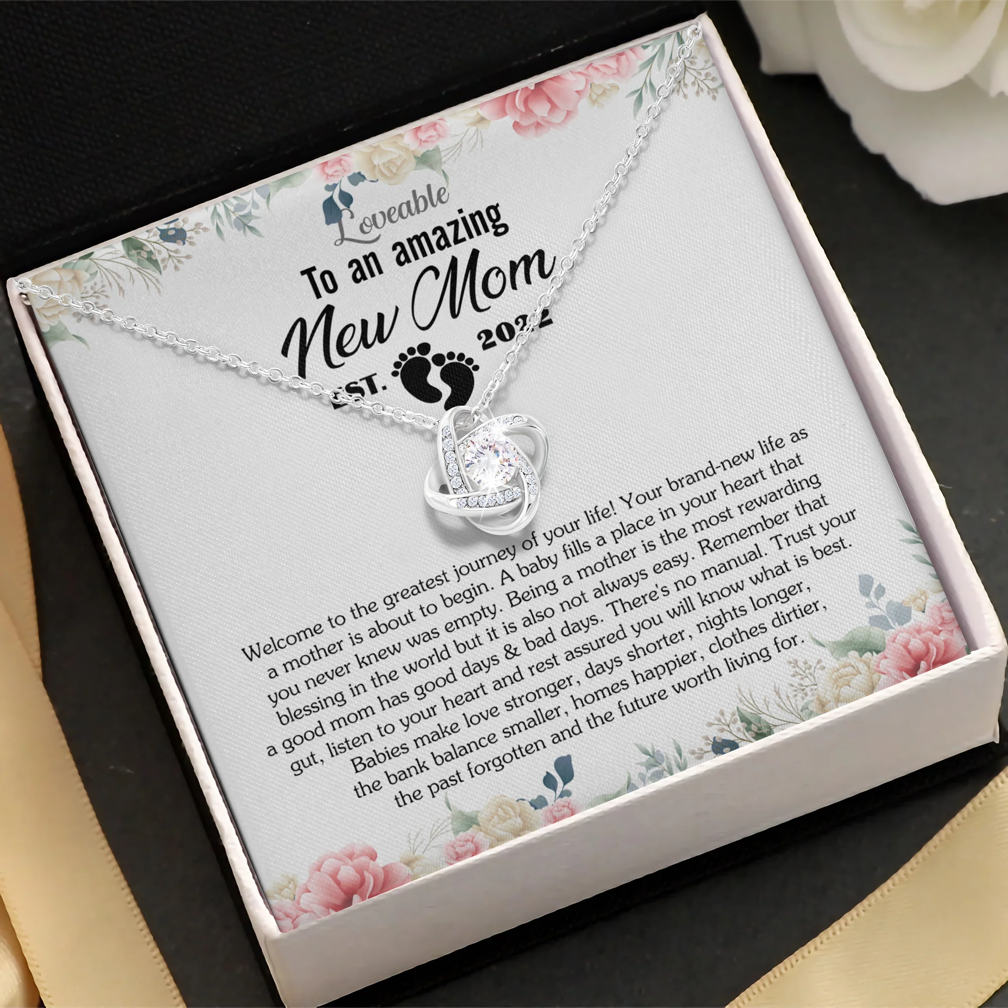 To an Amazing New Mom Est 2025 White Gold Necklace