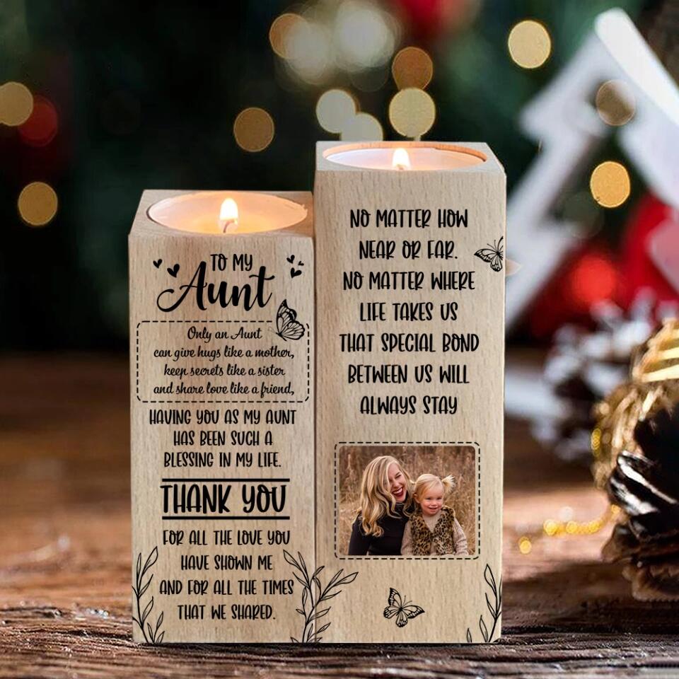 To My Aunt Only an Aunt Can Give Hugs Like a Mother - Custom Wood Candle Holder - Gift for Aunt from Niece - Image 3