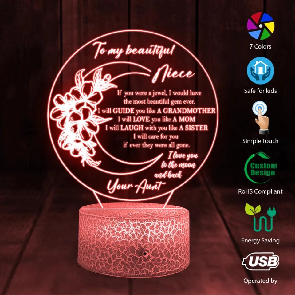To My Beautiful Niece I Love You To The Moon and Back - Personalized 3D Night Light Lamp - Image 2