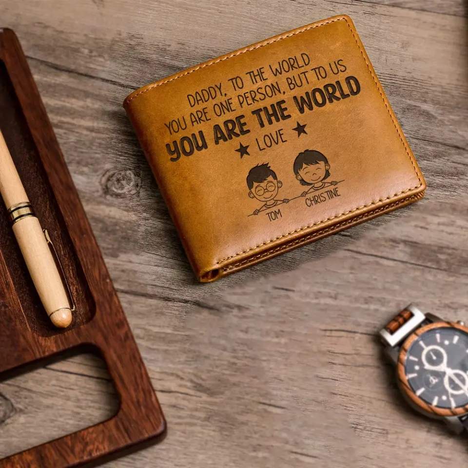 To The World You Are One Person, But To Us, You Are The World, Custom Engraved Leather Wallet, Dad Gift from Kids - Image 5