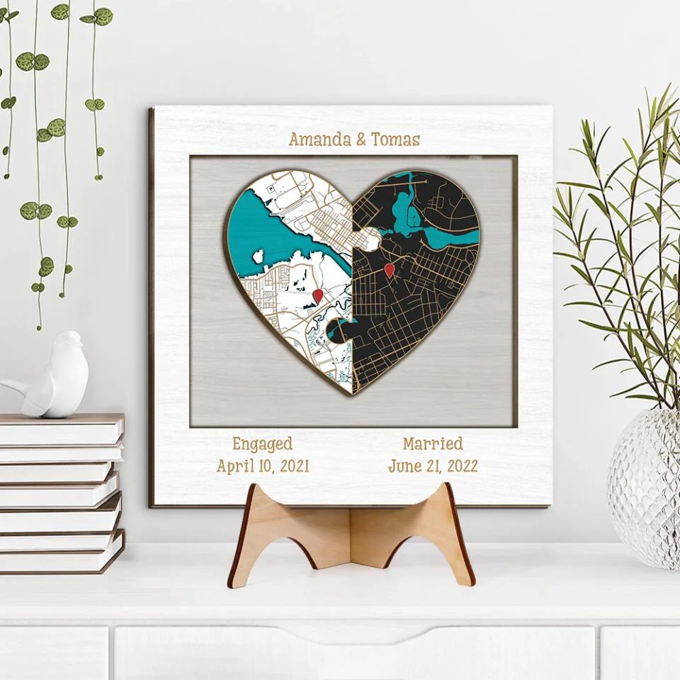 Couple Wooden Sign Two Hearts Two Locations Map Custom Wooden Art Anniversary Gift For Couples - Image 3