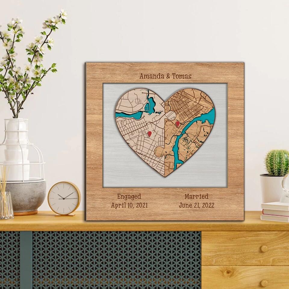 Couple Wooden Sign Two Hearts Two Locations Map Custom Wooden Art Anniversary Gift For Couples - Image 4