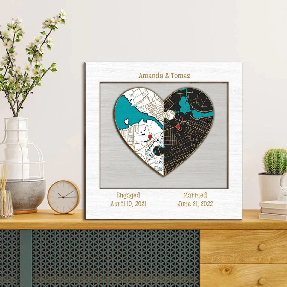 Couple Wooden Sign Two Hearts Two Locations Map Custom Wooden Art Anniversary Gift For Couples - Image 5