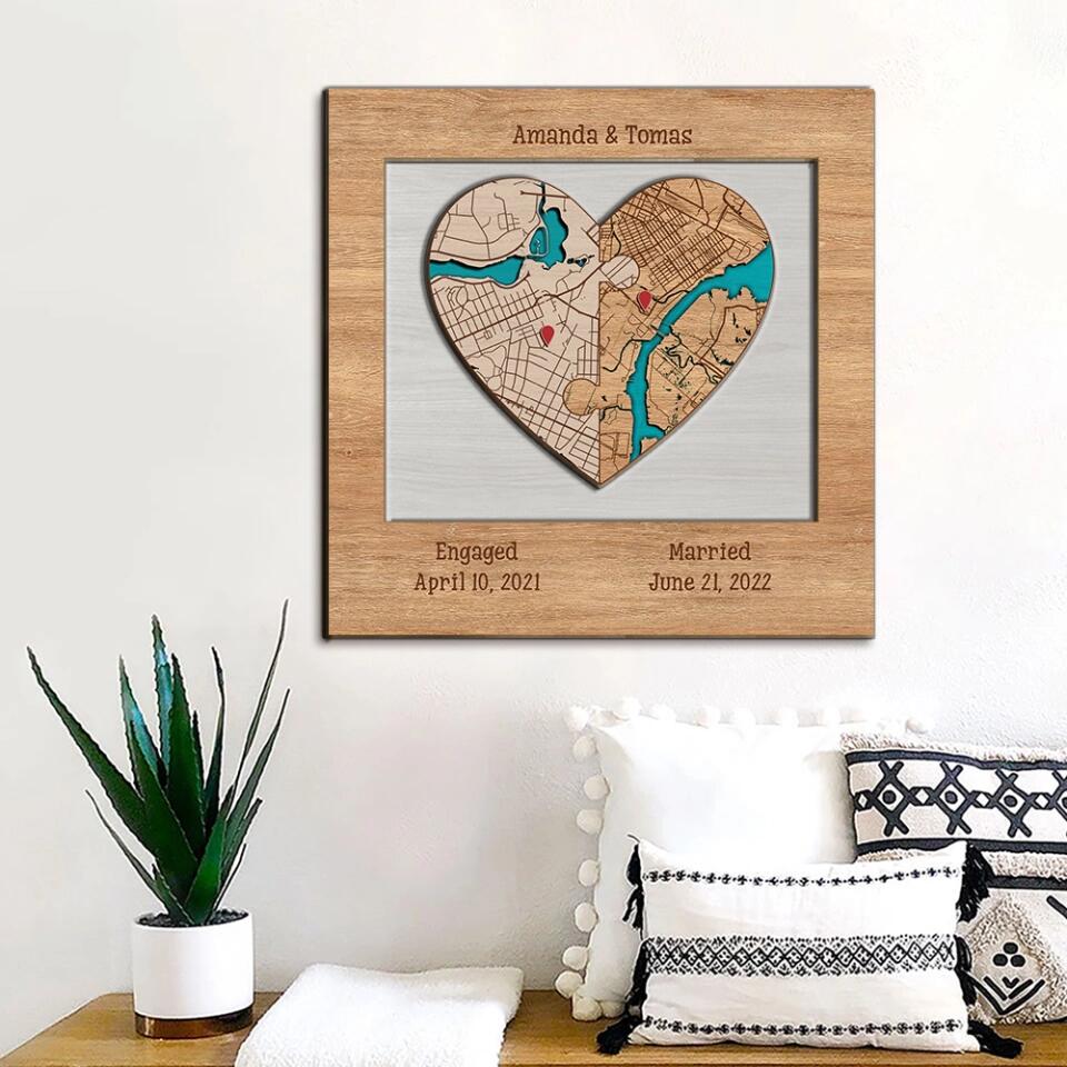 Couple Wooden Sign Two Hearts Two Locations Map Custom Wooden Art Anniversary Gift For Couples - Image 7