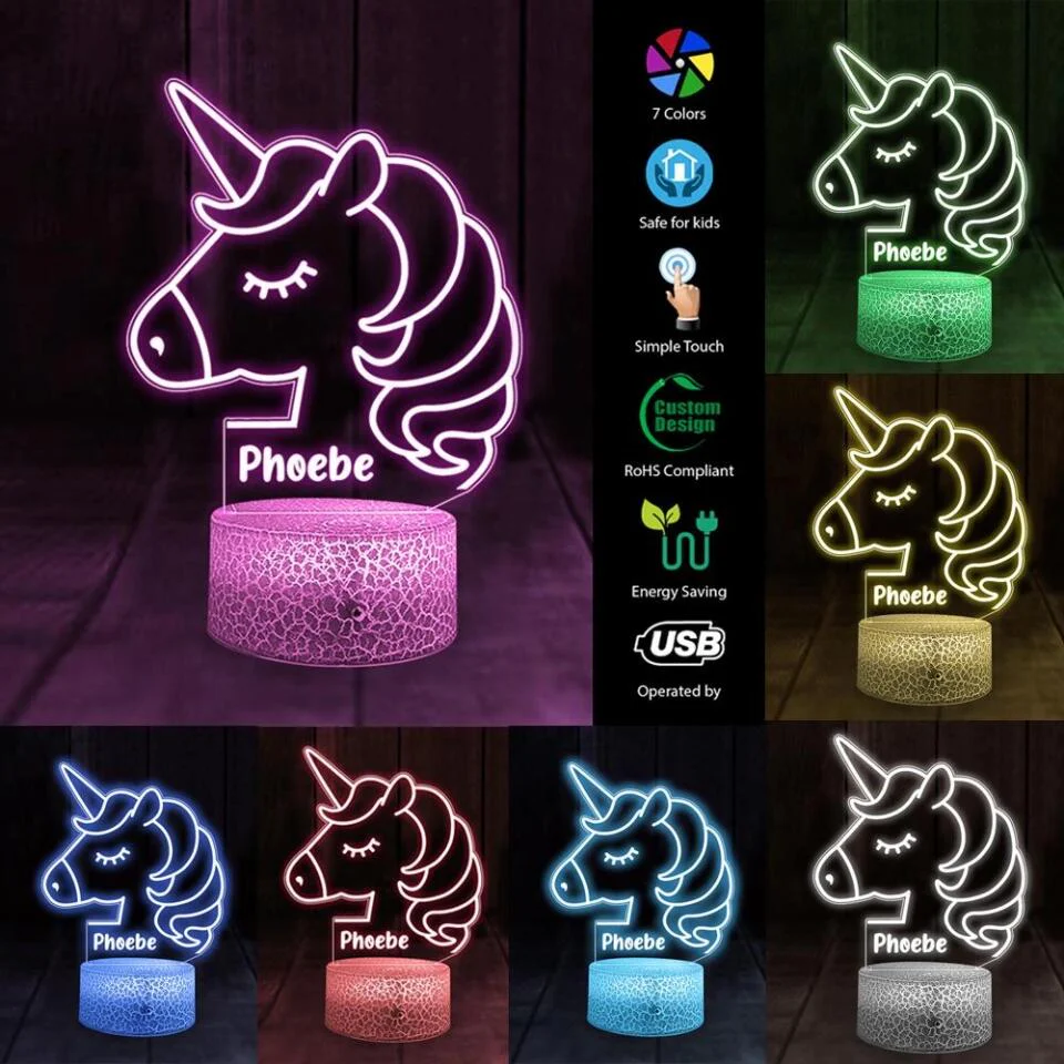Unicorn Night Light - Kids Bedroom Decor - Children's Lights - Kids Bedrooms - Personalized 3D Led Light - Birthday Gift for Children  - 210IHNBNLL701 - Image 3