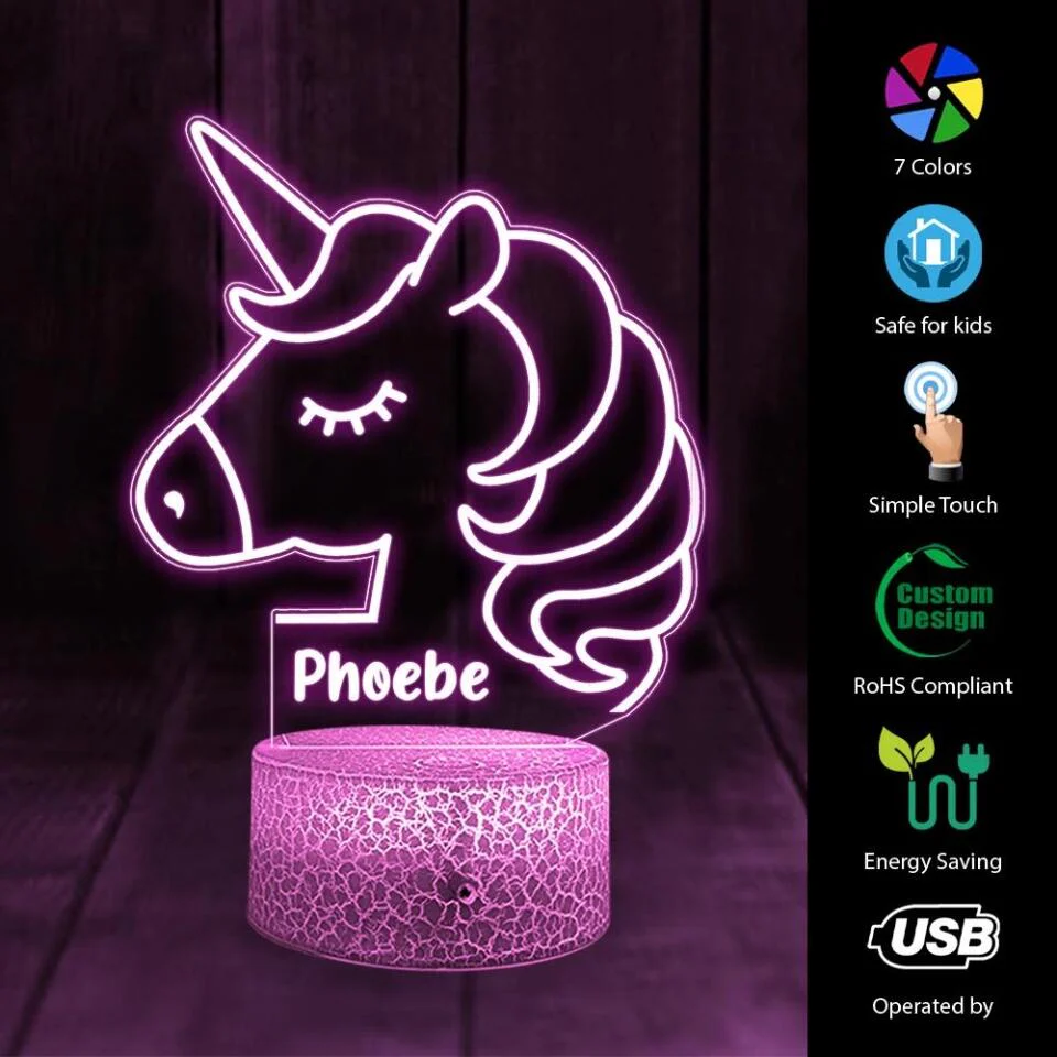 Unicorn Night Light - Kids Bedroom Decor - Children's Lights - Kids Bedrooms - Personalized 3D Led Light - Birthday Gift for Children  - 210IHNBNLL701 - Image 4