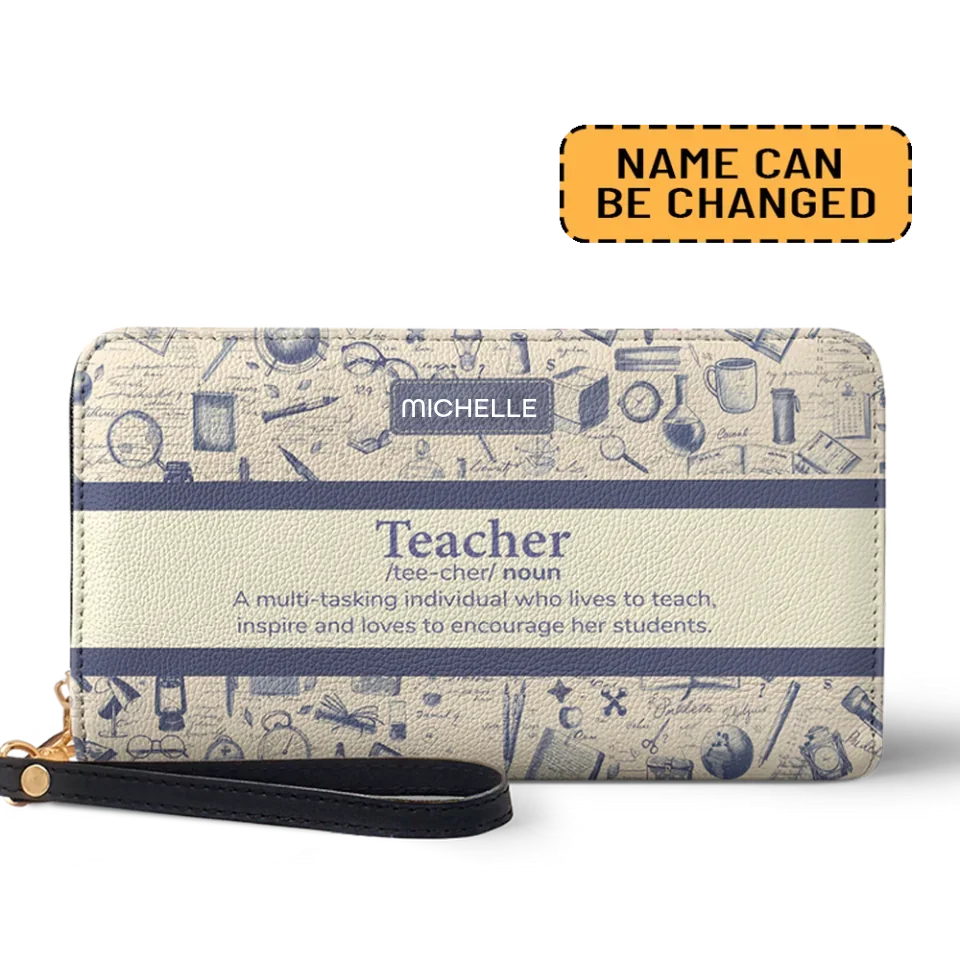 Vintage Teacher Leather Wallet - Teacher Definition - A Multi-tasking Individual - Custom Gift for Teacher