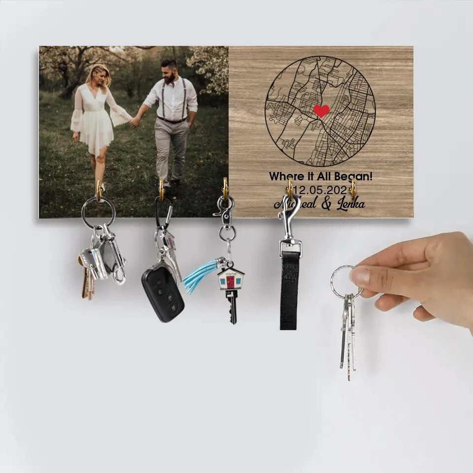When It All Began - Custom Map - Personalized Key Holder - Wooden Hanger - Anniversary, Wedding Gift for Couples - Image 3
