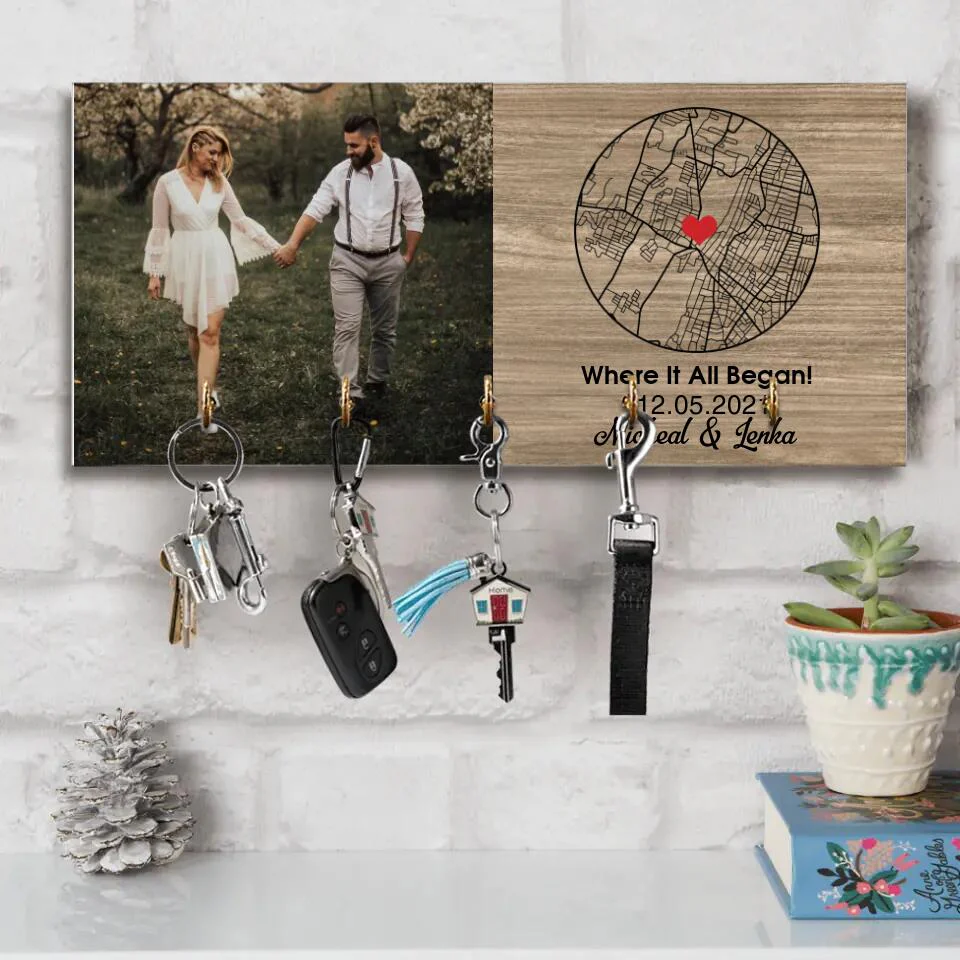 When It All Began - Custom Map - Personalized Key Holder - Wooden Hanger - Anniversary, Wedding Gift for Couples - Image 4