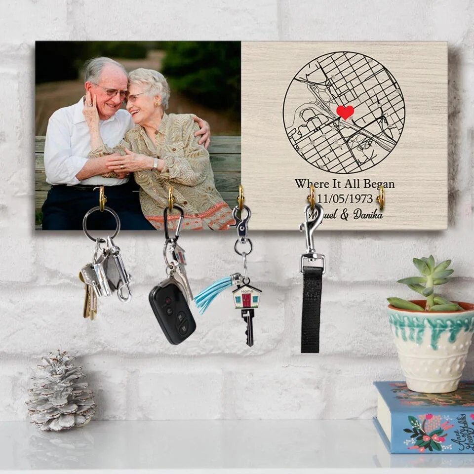 When It All Began - Custom Map - Personalized Key Holder - Wooden Hanger - Anniversary, Wedding Gift for Couples - Image 9