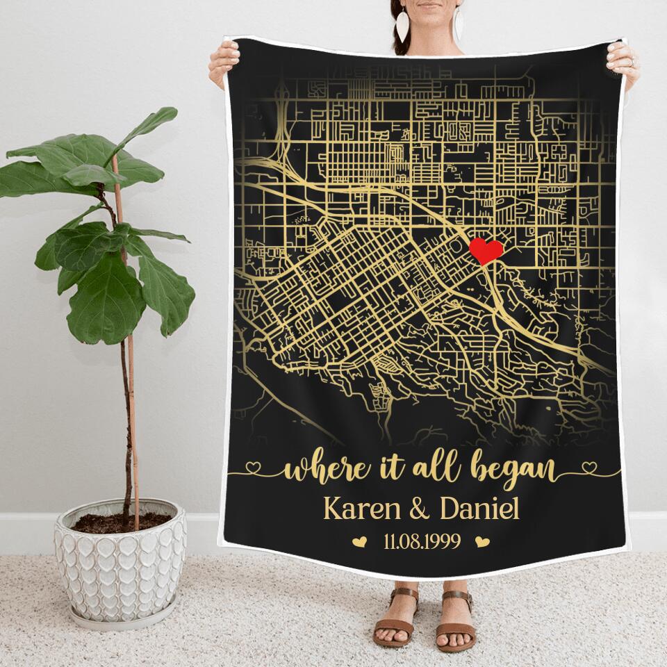 Where It All Began, Personalized Map Print & Names Blanket, Anniversary Gift for Couples - Image 3