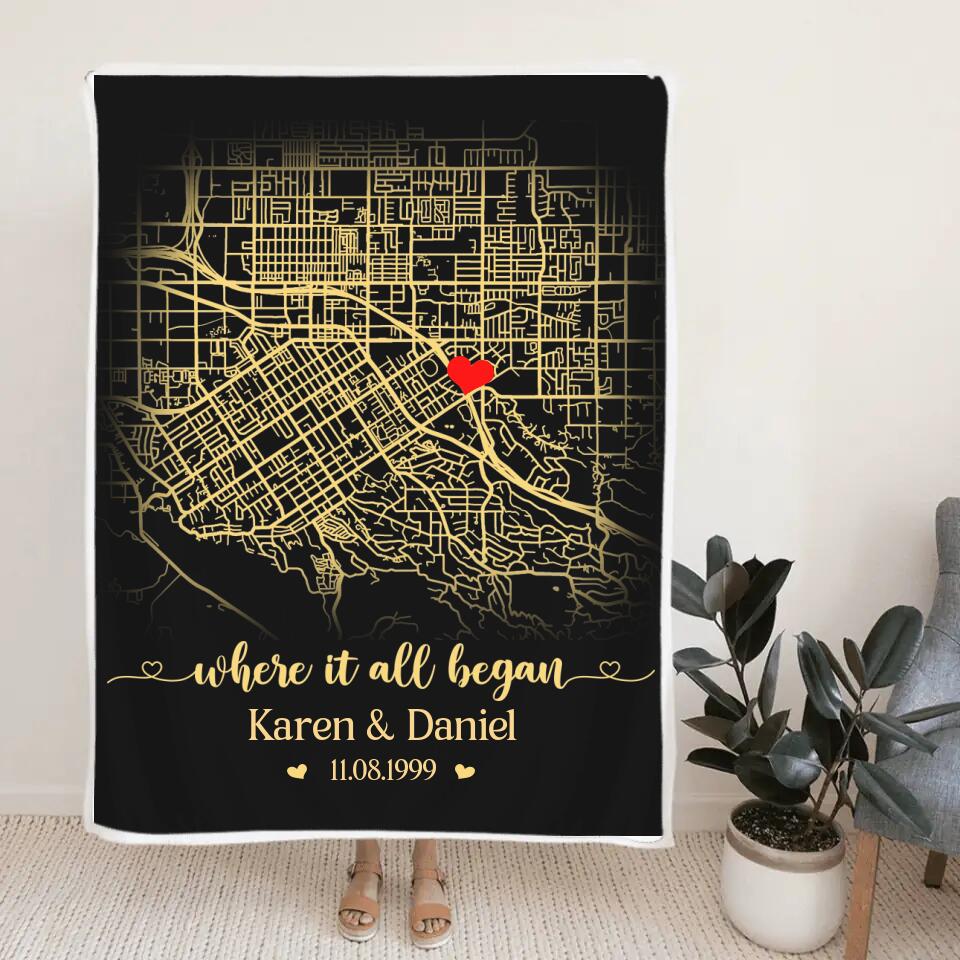 Where It All Began, Personalized Map Print & Names Blanket, Anniversary Gift for Couples - Image 4