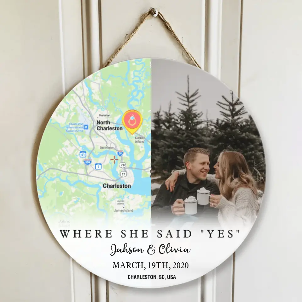 Couple Wooden Sign Where She Say Yes - Personalized Round Wooden Sign - Image 3
