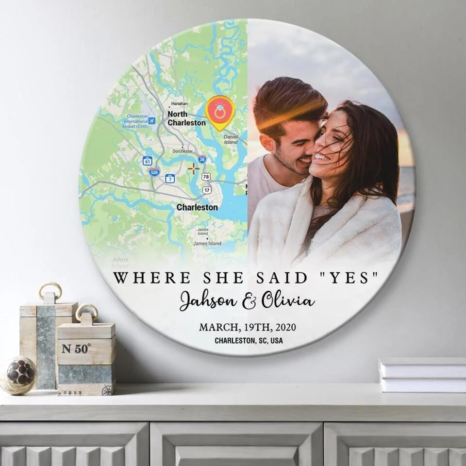 Couple Wooden Sign Where She Say Yes - Personalized Round Wooden Sign - Image 4