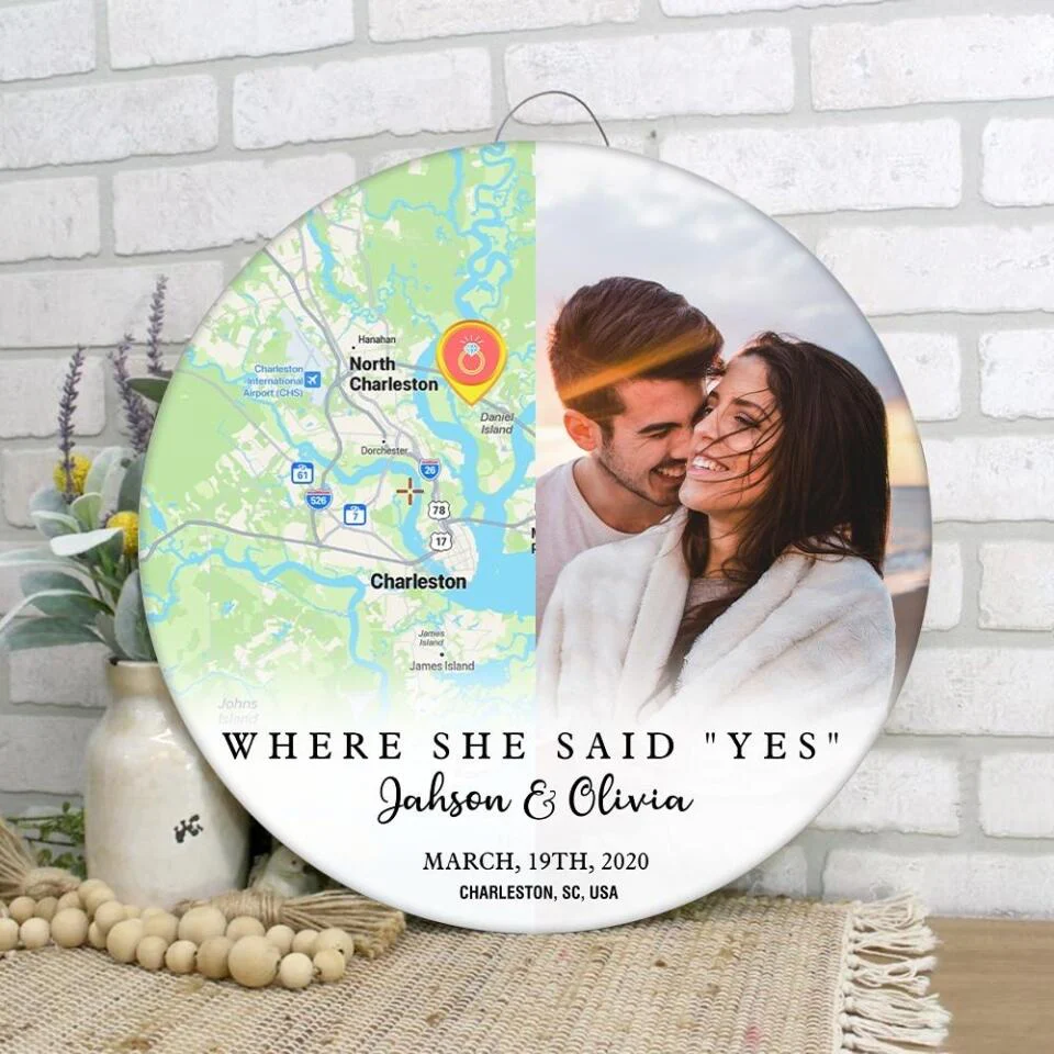 Couple Wooden Sign Where She Say Yes - Personalized Round Wooden Sign - Image 5