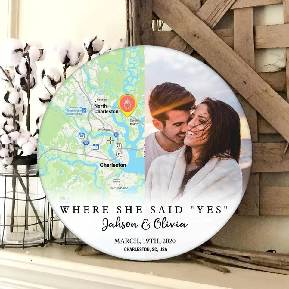 Couple Wooden Sign Where She Say Yes - Personalized Round Wooden Sign - Image 6