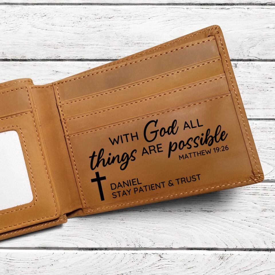 With God All Things Are Possible - Bibble Quote - Personalized Name - Engraved Leather Wallet - Men's Jewelry - Money Holder - Birthday Gift - Confirmation Gift for Boys - 303ICNNPLW331 - Image 3