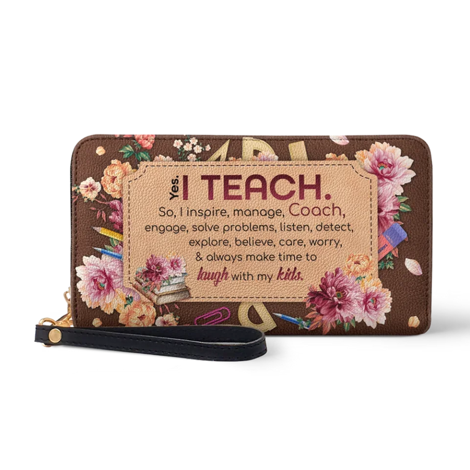 Yes I Teach So I Inspire - Personalized Zip Around Leather Wallet - Floral Wallet Gift for Teachers - Image 2