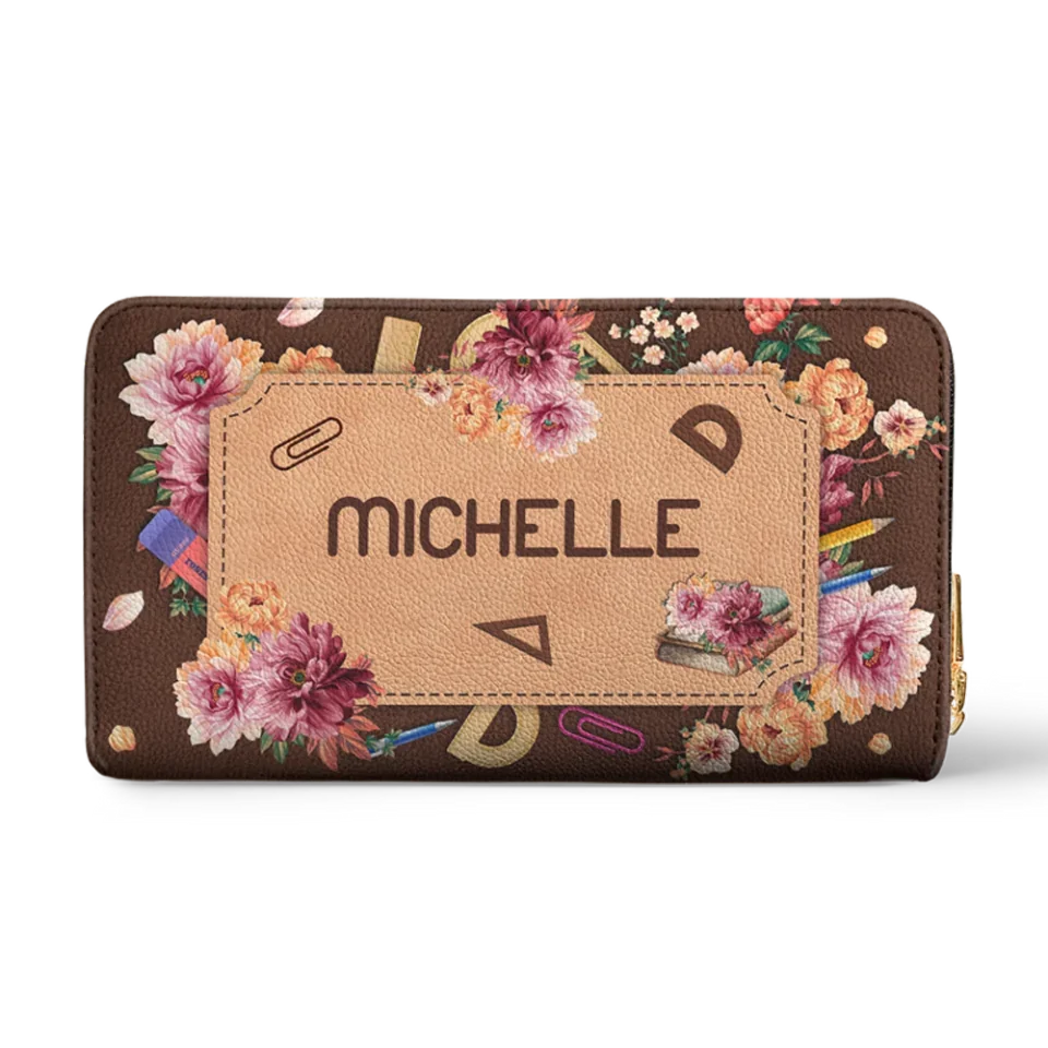 Yes I Teach So I Inspire - Personalized Zip Around Leather Wallet - Floral Wallet Gift for Teachers - Image 3