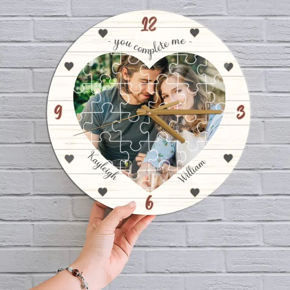 Couple Wooden Sign You Complete Me - Personalized Upload Photo Puzzle Wall Clock - Best Gift For Him, Her - Image 3