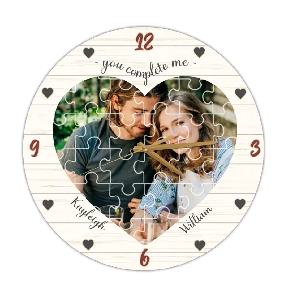 Couple Wooden Sign You Complete Me - Personalized Upload Photo Puzzle Wall Clock - Best Gift For Him, Her - Image 4