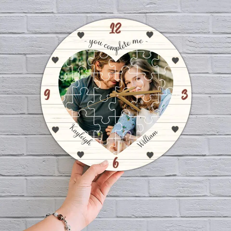 Couple Wooden Sign You Complete Me - Personalized Upload Photo Puzzle Wall Clock - Best Gift For Him, Her - Image 5