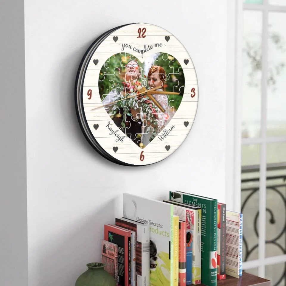 Couple Wooden Sign You Complete Me - Personalized Upload Photo Puzzle Wall Clock - Best Gift For Him, Her - Image 6