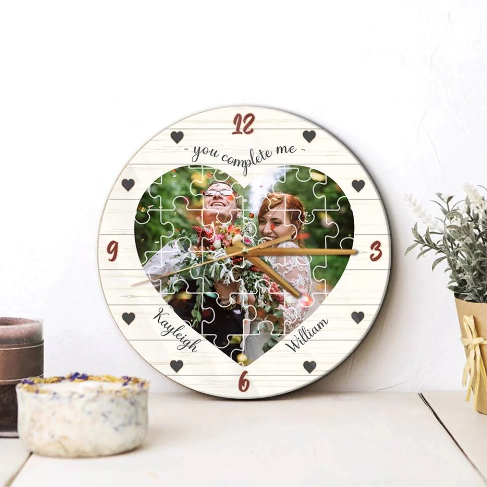 Couple Wooden Sign You Complete Me - Personalized Upload Photo Puzzle Wall Clock - Best Gift For Him, Her - Image 7